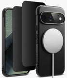 [Bundle] Google Pixel 11 Pro | Onyx Magnetic (BK) + 360° Privacy ProtectorsBlack protective phone case set shown on a smartphone, including a textured black back cover with a large circular MagSafe-style ring, a slim black bumper edge, and a matching black screen protector, all on a clean white background.- 