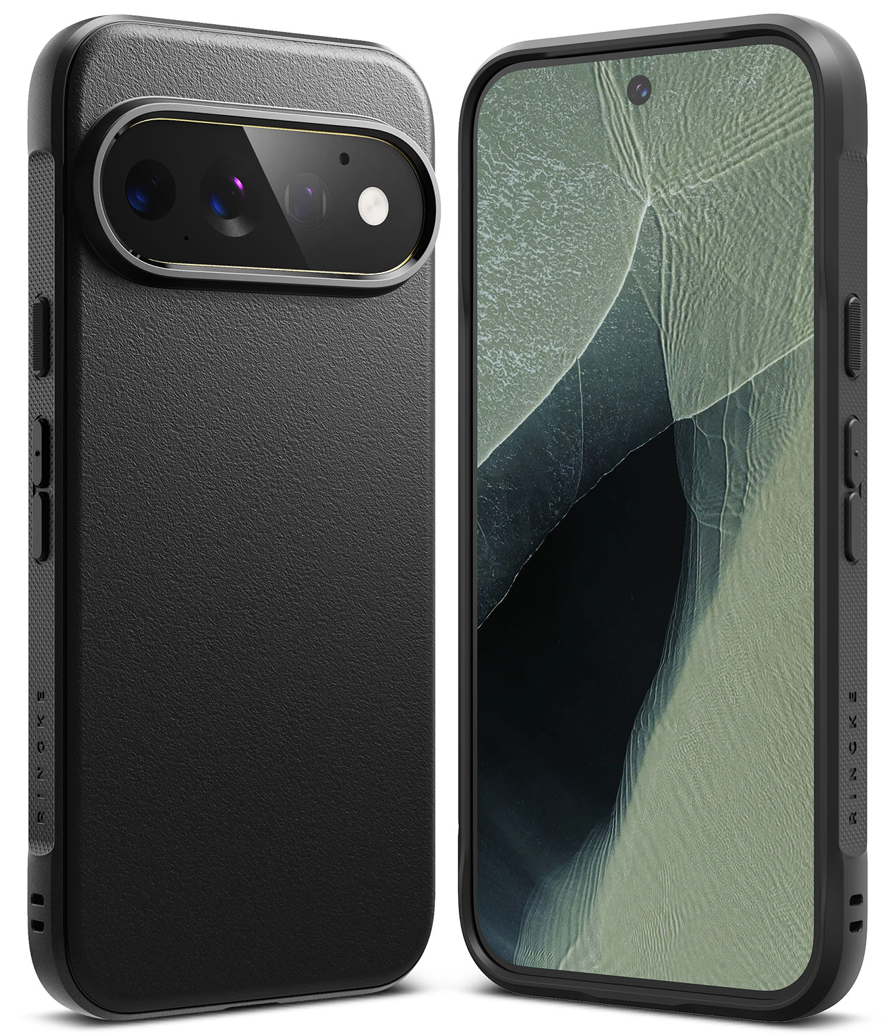 Pixel 11 Pro Case | Onyx - Two views of a black textured phone case on a white background, showing the back with a large camera cutout and the front with a black bumper edge.
