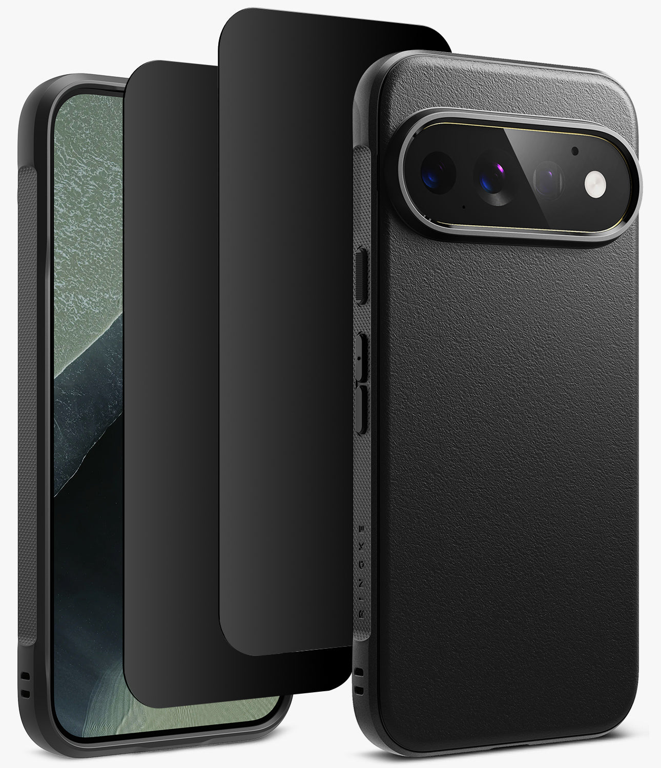 [Bundle] Google Pixel 11 Pro | Onyx (BK) + 360° Privacy Protectors - A black textured phone case with a raised camera bumper, shown alongside a phone and a matching black screen protector on a clean white background.