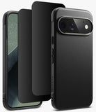 [Bundle] Google Pixel 11 Pro | Onyx (BK) + 360° Privacy Protectors - A black textured phone case with a raised camera bumper, shown alongside a phone and a matching black screen protector on a clean white background.