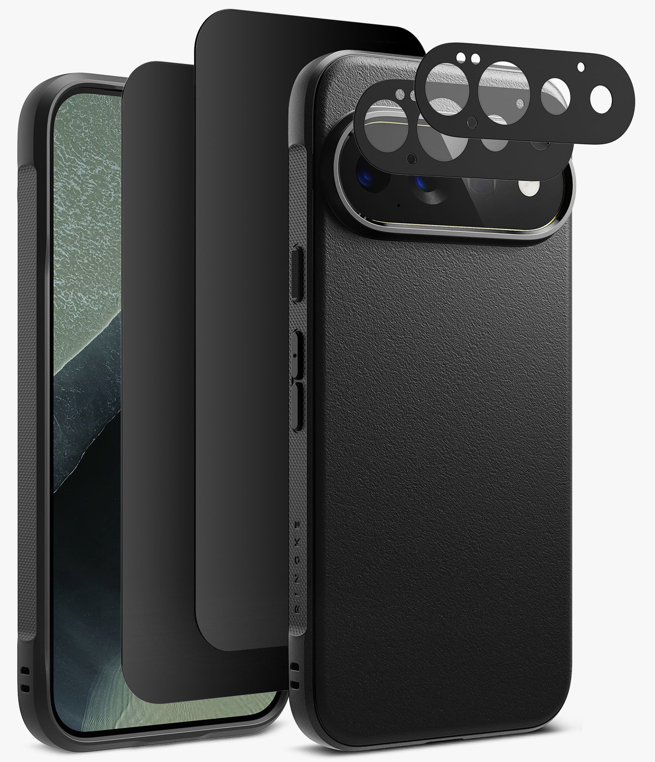 [Bundle] Google Pixel 11 Pro | Onyx (BK) + 360° Privacy & Camera Protectors - Black protective phone case set including a textured leather-look back cover, a clear screen protector, a black lens protector, and a camera lens guard, displayed on a light gray background.