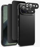 [Bundle] Google Pixel 11 Pro | Onyx (BK) + 360° Privacy & Camera Protectors - Black protective phone case set including a textured leather-look back cover, a clear screen protector, a black lens protector, and a camera lens guard, displayed on a light gray background.