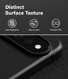 Pixel 11 Pro Case | Onyx - Close-up of a black phone camera lens protector or case with a textured surface, shown with marketing text reading 'Distinct Surface Texture' and icons for anti-fingerprint, easy to clean, and premium TPU.