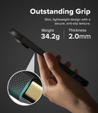 Pixel 11 Pro Case | Onyx - A hand holding a slim black smartphone case against a dark gray background, with marketing text reading 'Outstanding Grip' and product specs including weight 34.2g and thickness 2.0mm