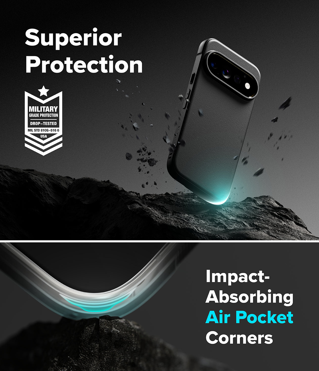 Pixel 11 Pro Case | Onyx - A dark gray smartphone case shown floating above a rocky surface with text reading 'Superior Protection' and 'Impact-Absorbing Air Pocket Corners.' The design includes a military impact-protection badge and a close-up of the curved corner showing a glowing teal air pocket effect.