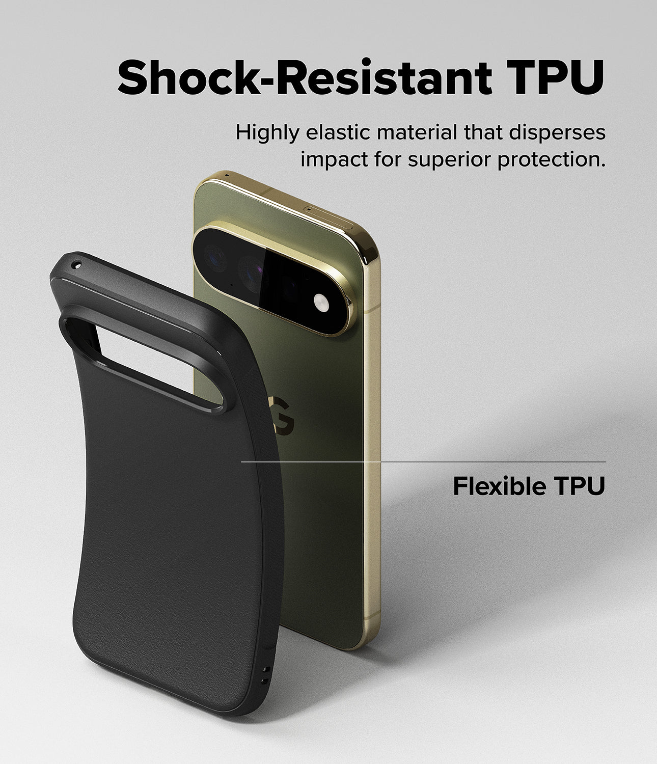 Pixel 11 Pro Case | Onyx - A black protective phone case shown from the back, with a gold smartphone inserted behind it to demonstrate shock resistance. The image includes marketing text reading 'Shock-Resistant TPU' and 'Flexible TPU' on a clean light gray background.