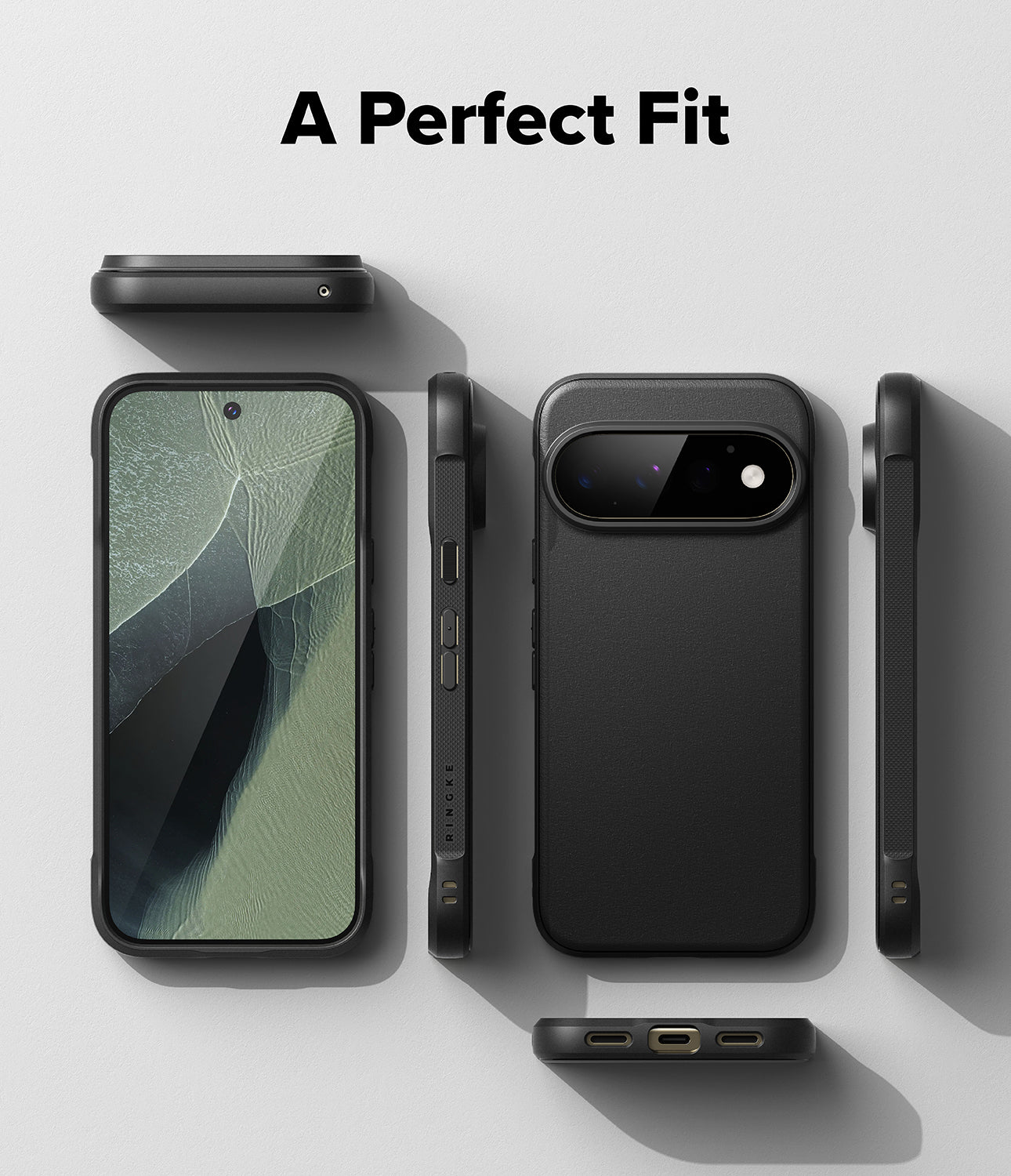 Pixel 11 Pro Case | Onyx - A black protective phone case shown from multiple angles on a light gray background, with the text 'A Perfect Fit' at the top. The views include the back with a large camera cutout, side profiles, and a front view with the phone screen visible.