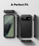Pixel 11 Pro Case | Onyx - A black protective phone case shown from multiple angles on a light gray background, with the text 'A Perfect Fit' at the top. The views include the back with a large camera cutout, side profiles, and a front view with the phone screen visible.