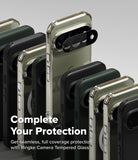 Pixel 11 Pro Case | Onyx - A group of smartphones shown from the back in multiple colors, with a black Ringke camera lens protector accessory attached to the central phone. White marketing text at the bottom reads, 'Complete Your Protection' and 'Get seamless, full coverage protection with Ringke Camera Tempered Glass.