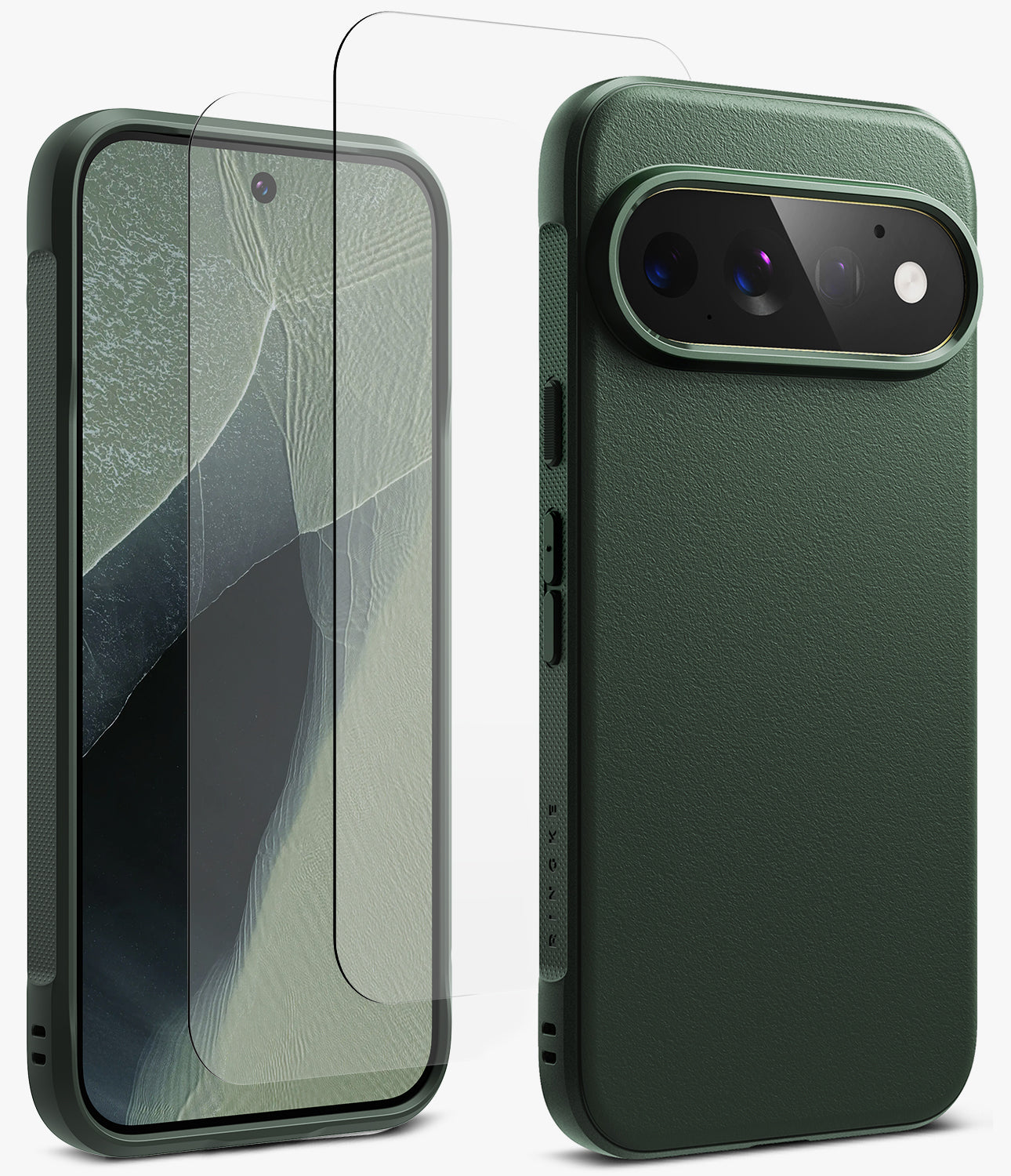 [Bundle] Google Pixel 11 Pro | Onyx (GRN) + Screen Protectors - A dark green textured phone case shown from the back and front, with a clear tempered glass screen protector positioned over the front display.