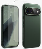 [Bundle] Google Pixel 11 Pro | Onyx (GRN) + Screen Protectors - A dark green textured phone case shown from the back and front, with a clear tempered glass screen protector positioned over the front display.