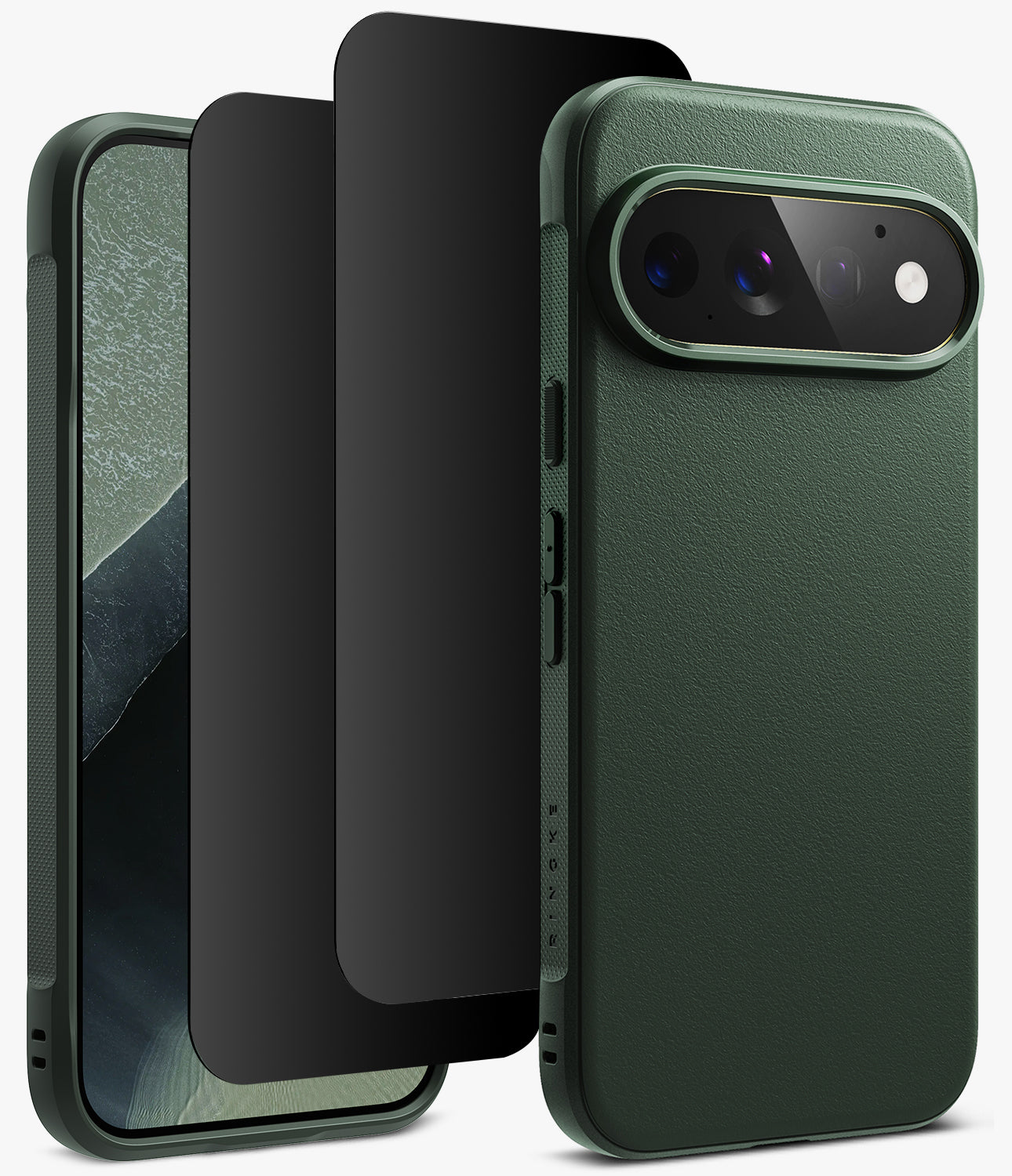 [Bundle] Google Pixel 11 Pro | Onyx (GRN) + 360° Privacy Protectors - A dark green textured phone case shown with a smartphone inside, alongside two black screen protectors, on a clean white background.