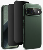 [Bundle] Google Pixel 11 Pro | Onyx (GRN) + 360° Privacy Protectors - A dark green textured phone case shown with a smartphone inside, alongside two black screen protectors, on a clean white background.