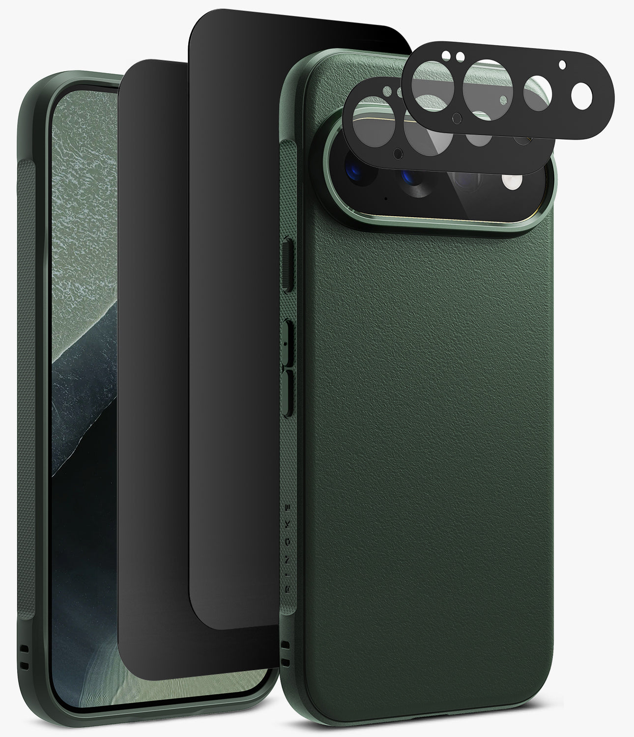 [Bundle] Google Pixel 11 Pro | Onyx (GRN) + 360° Privacy & Camera Protectors - A dark green textured phone case shown with three black protective film or lens accessories floating in front, on a clean white background.