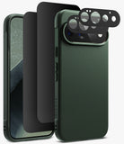 [Bundle] Google Pixel 11 Pro | Onyx (GRN) + 360° Privacy & Camera Protectors - A dark green textured phone case shown with three black protective film or lens accessories floating in front, on a clean white background.