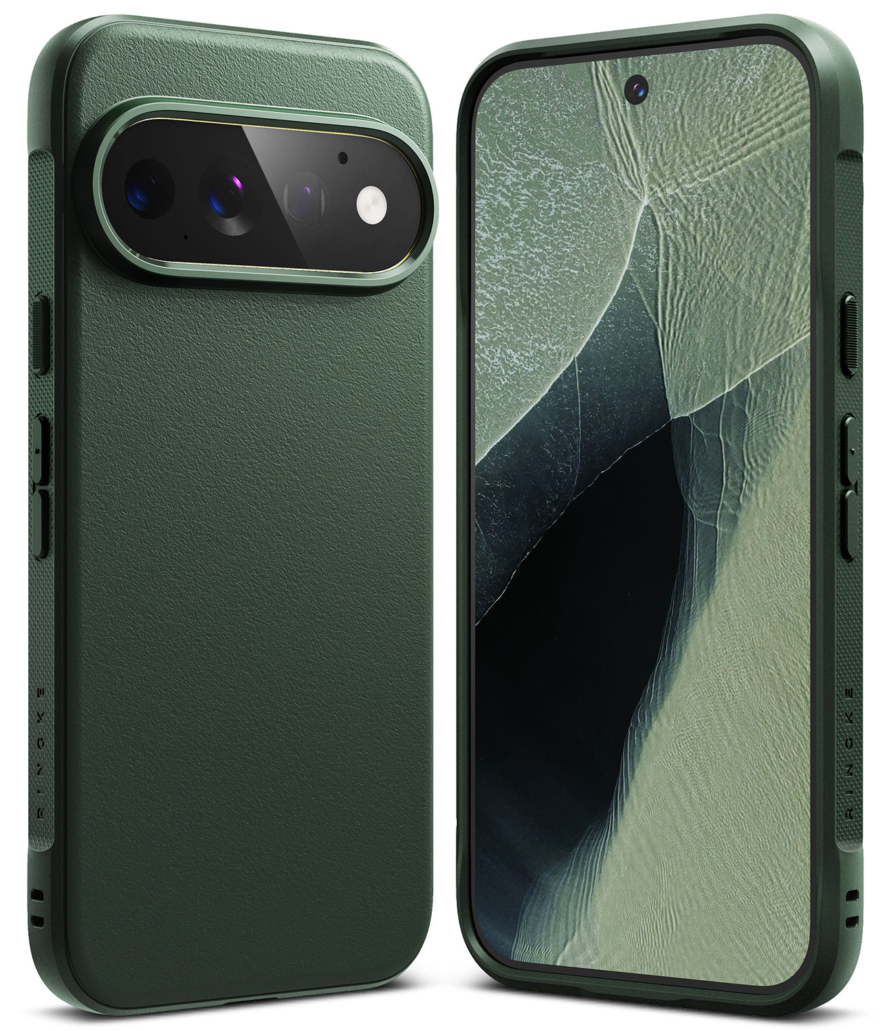 Pixel 11 Pro Case | Onyx - A dark forest green protective phone case shown from both the back and front angles. The back features a textured leather-like finish with a raised camera bumper, and the front view shows the slim case border around the screen.