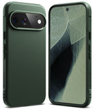 Pixel 11 Pro Case | Onyx - A dark forest green protective phone case shown from both the back and front angles. The back features a textured leather-like finish with a raised camera bumper, and the front view shows the slim case border around the screen.