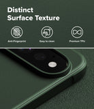 Pixel 11 Pro Case | Onyx - Dark green textured phone case shown close-up with a camera cutout, featuring marketing text at the top: 'Distinct Surface Texture,' 'Anti-Fingerprint,' 'Easy to clean,' and 'Premium TPU.'.