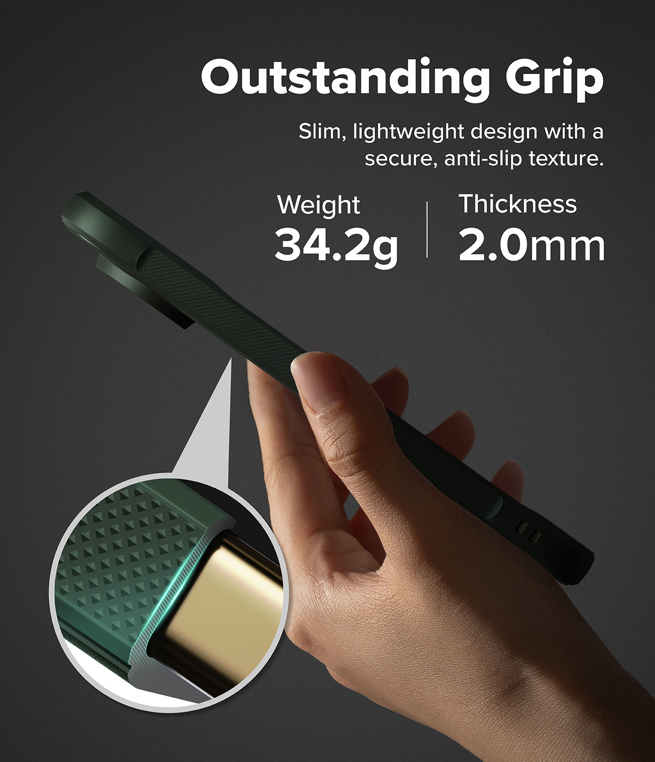 Pixel 11 Pro Case | Onyx - A hand holds a slim dark green phone case against a dark gray background, with text highlighting its outstanding grip, lightweight design, and specifications: 34.2g weight and 2.0mm