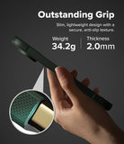 Pixel 11 Pro Case | Onyx - A hand holds a slim dark green phone case against a dark gray background, with text highlighting its outstanding grip, lightweight design, and specifications: 34.2g weight and 2.0mm