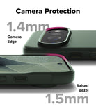 Pixel 11 Pro Case | Onyx - A dark green phone camera protection case shown on a phone, with text overlays highlighting 1.4mm camera edge protection and 1.