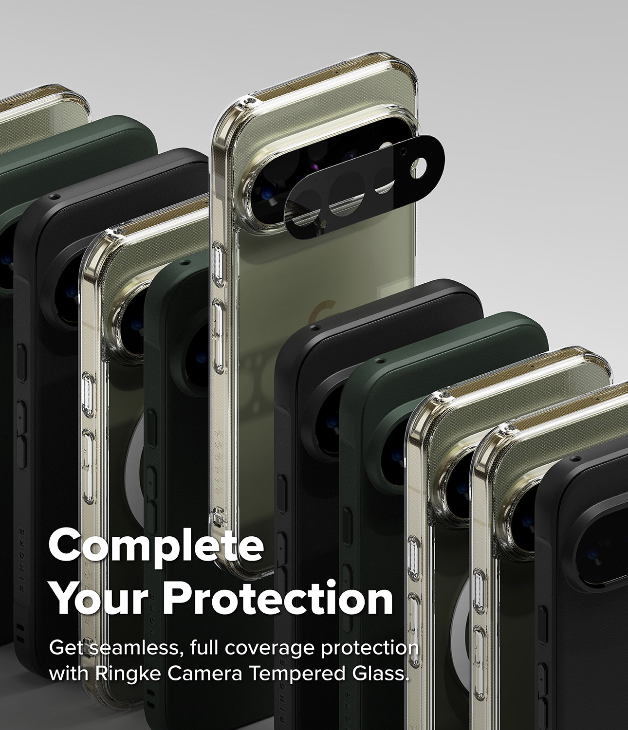 Pixel 11 Pro Case | Onyx - A group of smartphones shown from the back in multiple colors, with a black Ringke camera lens protector accessory attached to the central phone. White marketing text at the bottom reads, 'Complete Your Protection' and 'Get seamless, full coverage protection with Ringke Camera Tempered Glass.