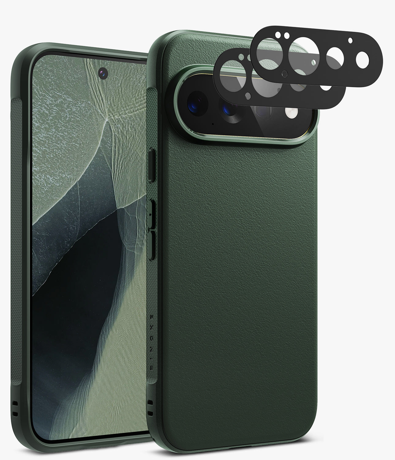 [Bundle] Google Pixel 11 Pro | Onyx (GRN) + Camera Protectors - Dark green textured phone case shown from the back and side, with a set of black camera lens protectors floating above the camera cutout on a light gray background.