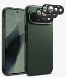 [Bundle] Google Pixel 11 Pro | Onyx (GRN) + Camera Protectors - Dark green textured phone case shown from the back and side, with a set of black camera lens protectors floating above the camera cutout on a light gray background.
