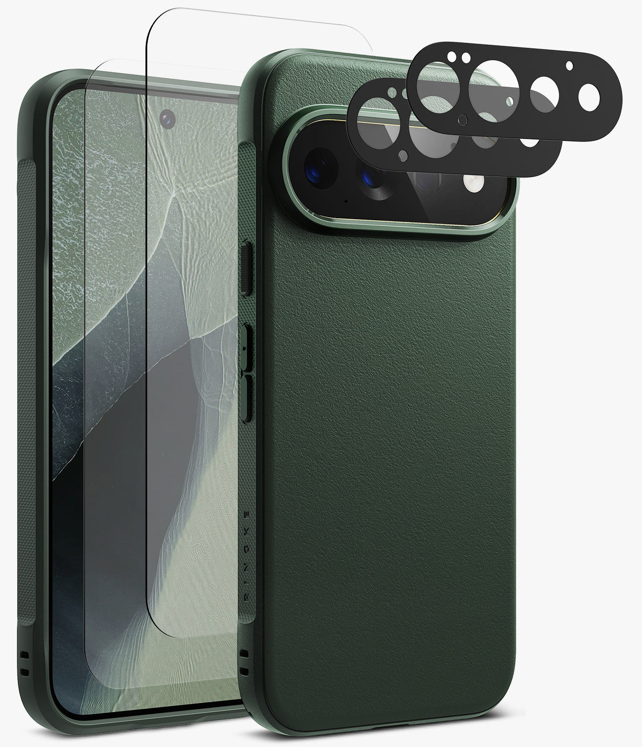 [Bundle] Google Pixel 11 Pro | Onyx (GRN) + Screen & Camera Protectors - Dark green textured phone case shown from the back with a matching front view, alongside a clear screen protector and black camera lens protectors on a light gray background.