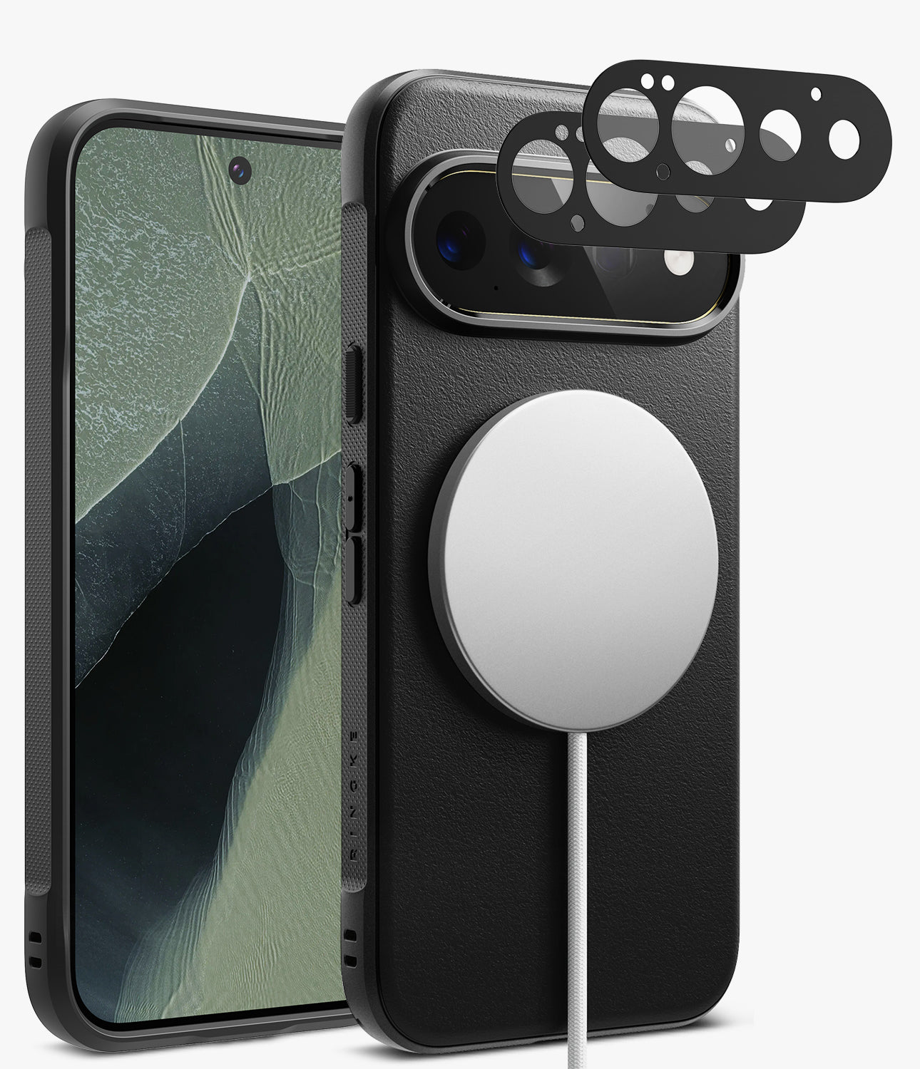 [Bundle] Google Pixel 11 Pro | Onyx Magnetic (BK) + Camera Protectors - Black textured leather phone case with a built-in MagSafe ring, shown alongside a smartphone and three black camera lens protectors on a light gray background.