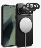 [Bundle] Google Pixel 11 Pro | Onyx Magnetic (BK) + Camera Protectors - Black textured leather phone case with a built-in MagSafe ring, shown alongside a smartphone and three black camera lens protectors on a light gray background.