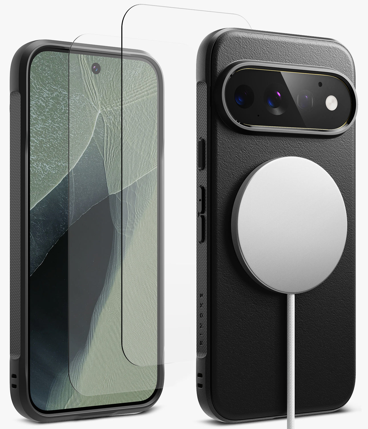 [Bundle] Google Pixel 11 Pro | Onyx Magnetic (BK) + Screen Protectors - A black protective phone case shown from the front and back, with a transparent screen protector in front and a white MagSafe-compatible circular magnetic ring attached to the back.