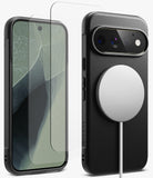 [Bundle] Google Pixel 11 Pro | Onyx Magnetic (BK) + Screen Protectors - A black protective phone case shown from the front and back, with a transparent screen protector in front and a white MagSafe-compatible circular magnetic ring attached to the back.