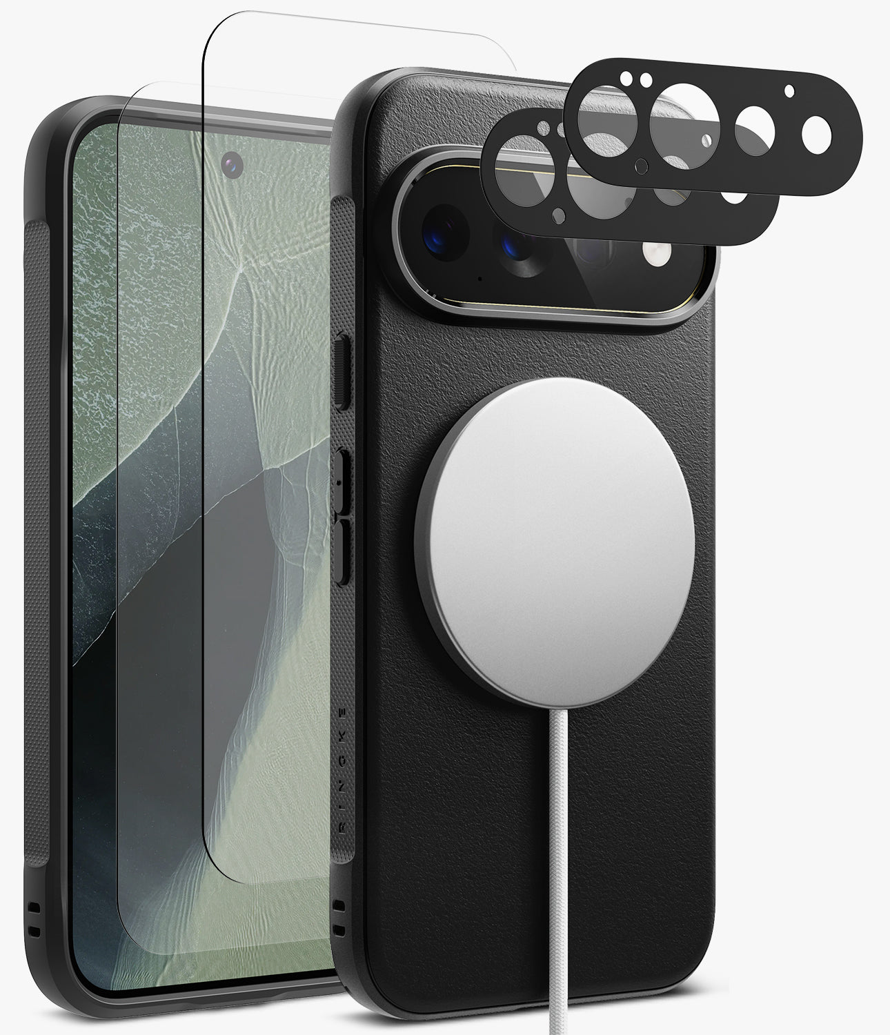 [Bundle] Google Pixel 11 Pro | Onyx Magnetic (BK) + Screen & Camera Protectors - Black protective phone case with a textured leather-like finish, shown with a transparent screen protector in front and a MagSafe-compatible circular magnetic ring accessory on the back. The case is displayed on a smartphone, with additional camera lens protector pieces floating above.