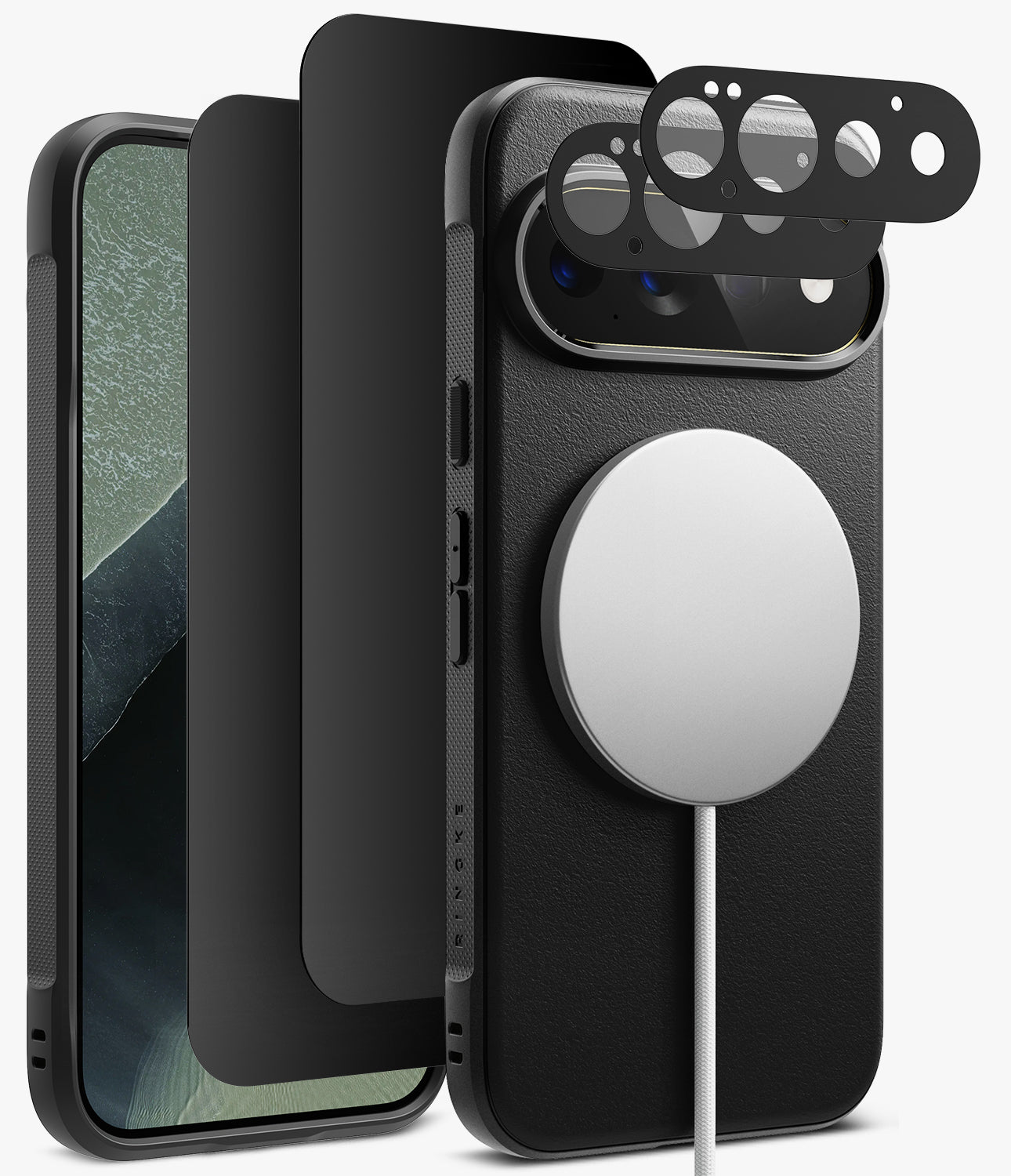 [Bundle] Google Pixel 11 Pro | Onyx Magnetic (BK) + 360° Privacy & Camera Protectors - Black MagSafe-compatible phone case set shown on a smartphone, including the back view with a large circular MagSafe ring, a front view of the phone, a protective film, and a camera lens protector on a light gray background.