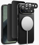 [Bundle] Google Pixel 11 Pro | Onyx Magnetic (BK) + 360° Privacy & Camera Protectors - Black MagSafe-compatible phone case set shown on a smartphone, including the back view with a large circular MagSafe ring, a front view of the phone, a protective film, and a camera lens protector on a light gray background.