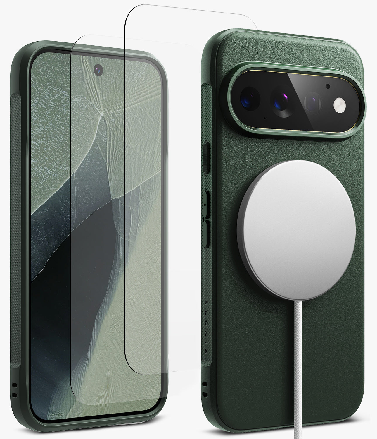 [Bundle] Google Pixel 11 Pro | Onyx Magnetic (GRN) + Screen Protectors - A dark green textured phone case shown from the front and back, with a clear tempered glass screen protector in front and a white MagSafe-compatible circular magnetic ring attached to the back.