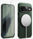 [Bundle] Google Pixel 11 Pro | Onyx Magnetic (GRN) + Screen Protectors - A dark green textured phone case shown from the front and back, with a clear tempered glass screen protector in front and a white MagSafe-compatible circular magnetic ring attached to the back.