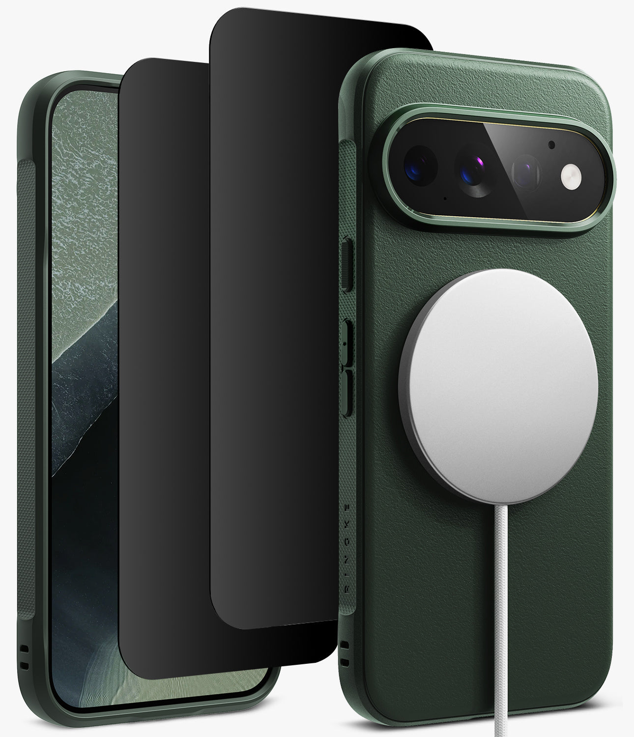 [Bundle] Google Pixel 11 Pro | Onyx Magnetic (GRN) + 360° Privacy Protectors - A dark green textured phone case shown with a smartphone inside, alongside two black screen protectors and a white MagSafe-compatible circular magnetic ring attachment, on a clean white background.