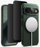 [Bundle] Google Pixel 11 Pro | Onyx Magnetic (GRN) + 360° Privacy Protectors - A dark green textured phone case shown with a smartphone inside, alongside two black screen protectors and a white MagSafe-compatible circular magnetic ring attachment, on a clean white background.