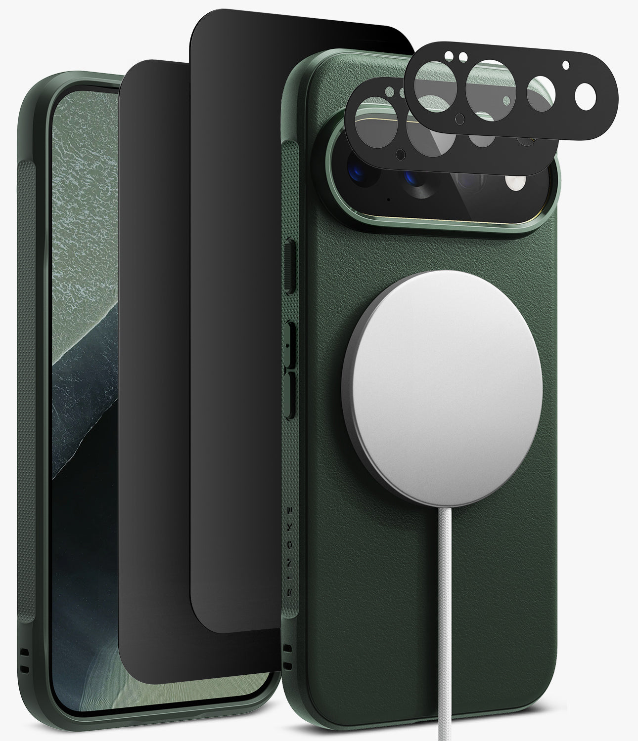 [Bundle] Google Pixel 11 Pro | Onyx Magnetic (GRN) + 360° Privacy & Camera Protectors - A dark green textured phone case shown with a smartphone inside, alongside three black camera lens protectors and a white MagSafe ring attachment, on a clean white background.