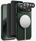 [Bundle] Google Pixel 11 Pro | Onyx Magnetic (GRN) + 360° Privacy & Camera Protectors - A dark green textured phone case shown with a smartphone inside, alongside three black camera lens protectors and a white MagSafe ring attachment, on a clean white background.