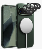 [Bundle] Google Pixel 11 Pro | Onyx Magnetic (GRN) + Camera Protectors - A dark green textured phone case shown from the back and side, with a MagSafe-style magnetic ring attached. Two black circular camera lens protectors are floating above the camera cutout.