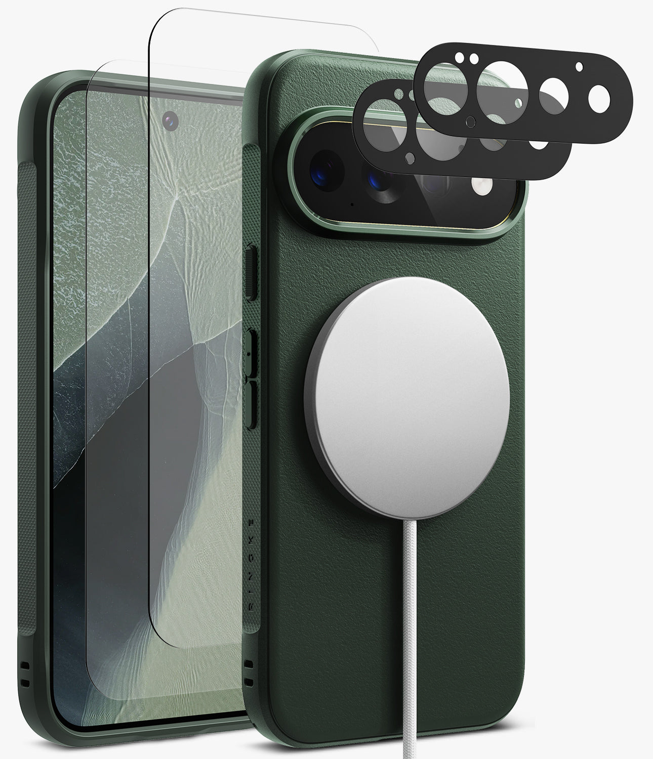 [Bundle] Google Pixel 11 Pro | Onyx Magnetic (GRN) + Screen & Camera Protectors - Dark green protective phone case with a MagSafe-compatible circular magnetic ring, shown alongside a clear tempered glass screen protector and black camera lens protector films.