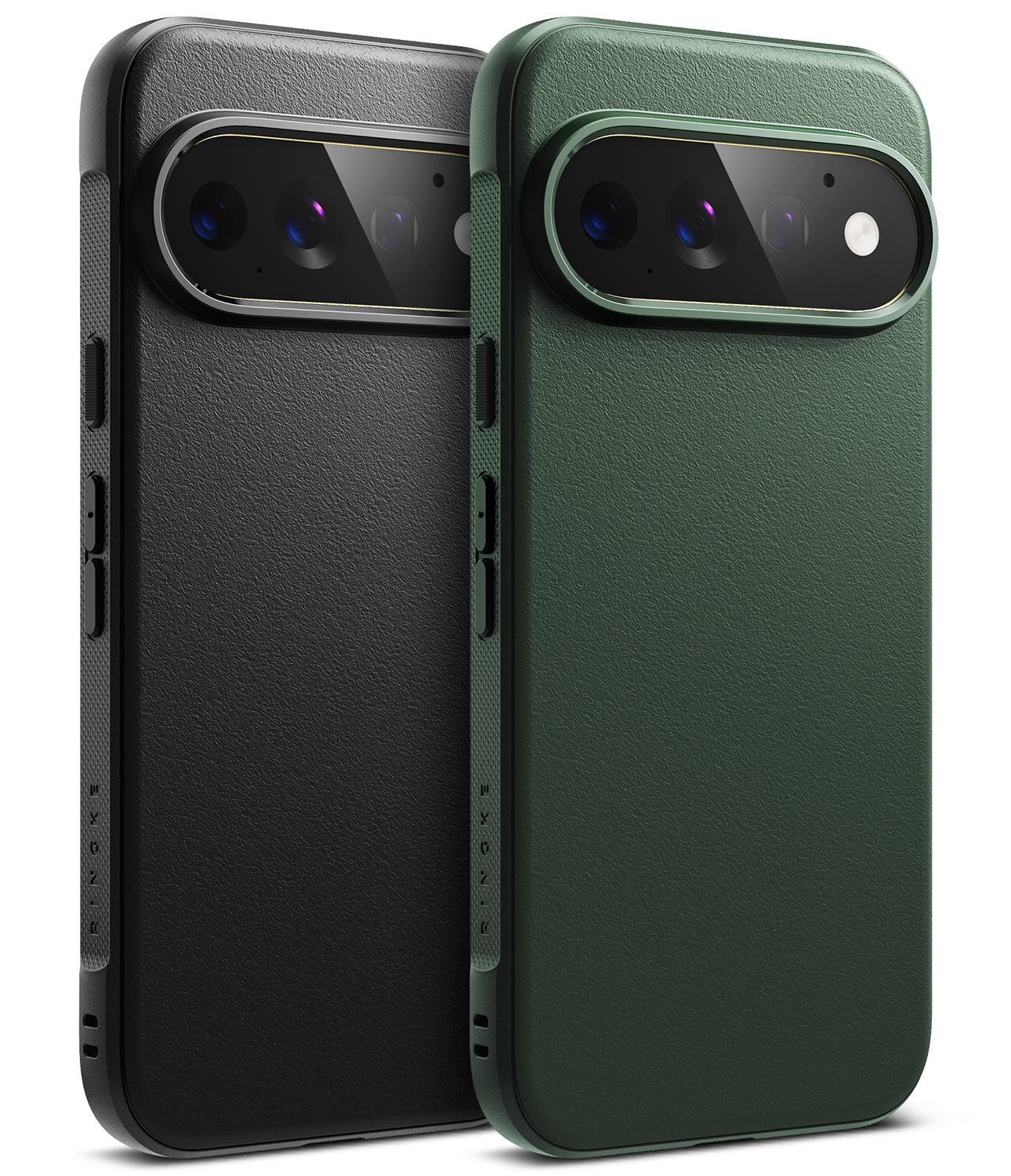 Pixel 11 Pro Case | Onyx - Two protective phone cases with a textured leather-like finish, shown from the back. One case is black and the other is dark forest green, both featuring a raised camera bumper and a slim profile.