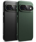 Pixel 11 Pro Case | Onyx - Two protective phone cases with a textured leather-like finish, shown from the back. One case is black and the other is dark forest green, both featuring a raised camera bumper and a slim profile.