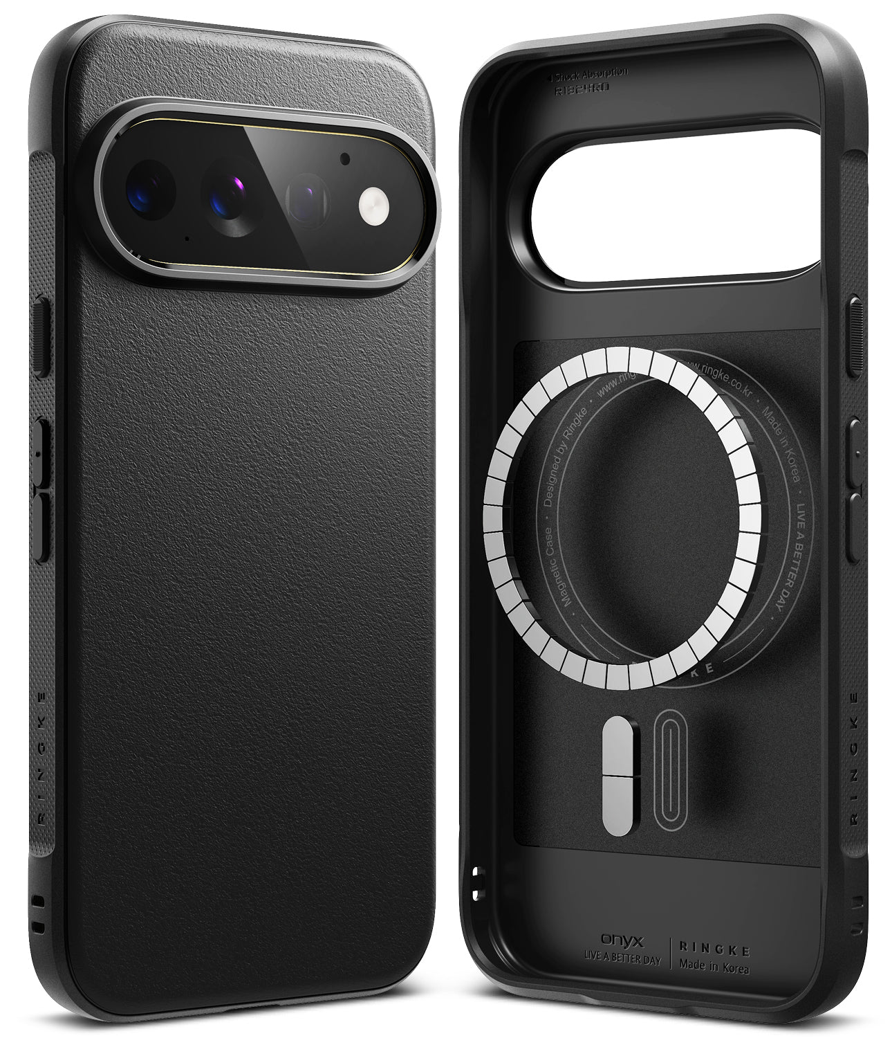 Google Pixel 11 Pro Case | Onyx Magnetic - Black protective phone case shown from the back and side, featuring a textured leather-like finish, MagSafe-compatible circular ring, and camera cutout, displayed on a clean white background.