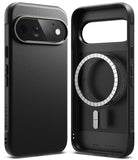 Google Pixel 11 Pro Case | Onyx Magnetic - Black protective phone case shown from the back and side, featuring a textured leather-like finish, MagSafe-compatible circular ring, and camera cutout, displayed on a clean white background.