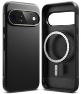 Google Pixel 11 Pro Case | Onyx Magnetic - Black protective phone case shown from the back and side, featuring a textured leather-like finish, MagSafe-compatible circular ring, and camera cutout, displayed on a clean white background.