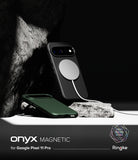 Google Pixel 11 Pro Case | Onyx Magnetic - A dark green magnetic phone case and a black magnetic phone case with a white MagSafe ring, displayed on rocks against a black background. Text at the bottom reads 'onyx MAGNETIC for Google Pixel 11 Pro' with Ringke branding.